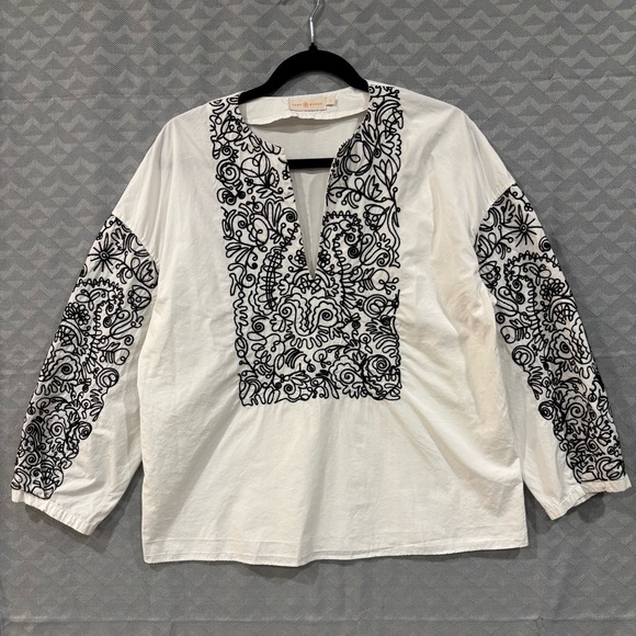 Tory Burch Tops - Tory Burch Cotton White Black Embroidered Poplin Tunic BOHO